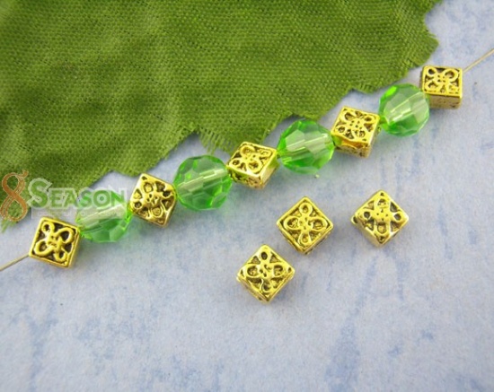 Picture of Zinc Based Alloy Spacer Beads Rhombus Gold Tone Antique Gold Knot Carved About 5mm x 5mm, Hole:Approx 1.2mm, 120 PCs