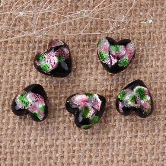 Picture of Lampwork Glass Japanese Style Beads Heart Fuchsia Foil About 12mm x12mm, Hole: Approx 1.5mm, 3 PCs