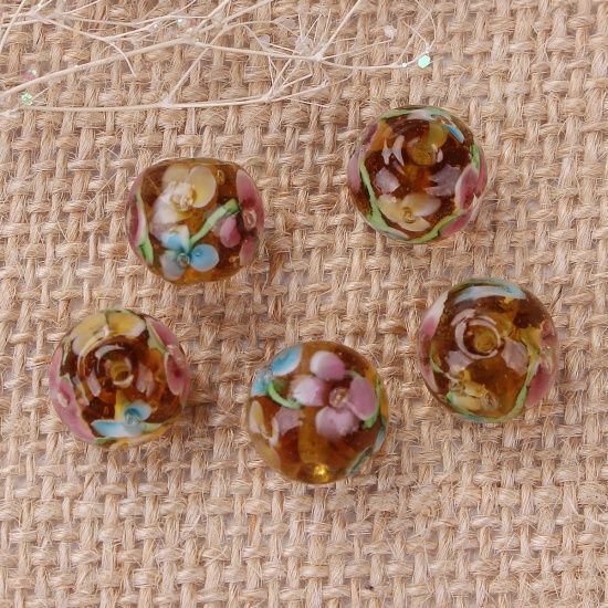 Picture of Lampwork Glass Japanese Style Beads Round Coffee Plum Flower About 12mm Dia, Hole: Approx 1.3mm, 5 PCs