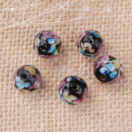 Picture of Lampwork Glass Japanese Style Beads Round Black Plum Flower About 12mm Dia, Hole: Approx 1.3mm, 5 PCs