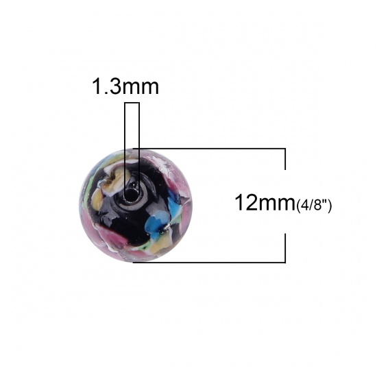 Picture of Lampwork Glass Japanese Style Beads Round Black Plum Flower About 12mm Dia, Hole: Approx 1.3mm, 5 PCs