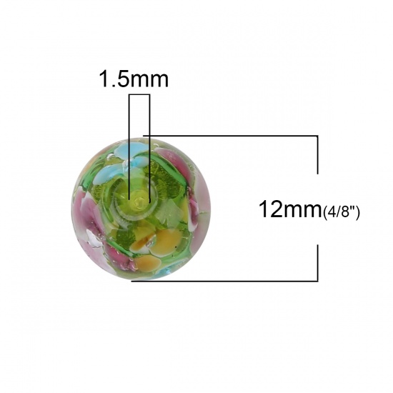 Picture of Lampwork Glass Japanese Style Beads Round Yellow-green Plum Flower About 12mm Dia, Hole: Approx 1.5mm, 5 PCs