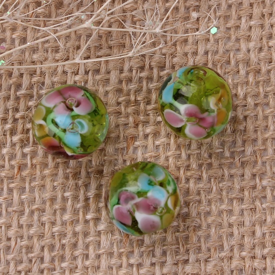 Picture of Lampwork Glass Japanese Style Beads Round Yellow-green Plum Flower About 12mm Dia, Hole: Approx 1.5mm, 5 PCs