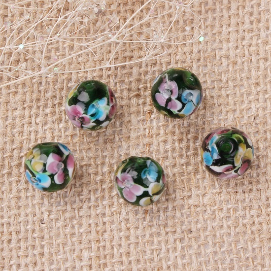 Picture of Lampwork Glass Japanese Style Beads Round Dark Green Plum Flower About 12mm Dia, Hole: Approx 1.4mm, 5 PCs