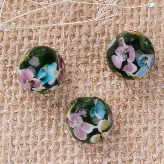 Picture of Lampwork Glass Japanese Style Beads Round Dark Green Plum Flower About 12mm Dia, Hole: Approx 1.4mm, 5 PCs