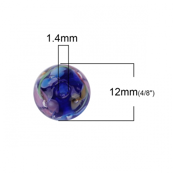 Picture of Lampwork Glass Japanese Style Beads Round Blue Plum Flower About 12mm Dia, Hole: Approx 1.4mm, 5 PCs