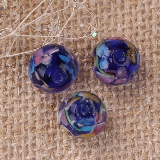 Picture of Lampwork Glass Japanese Style Beads Round Blue Plum Flower About 12mm Dia, Hole: Approx 1.4mm, 5 PCs