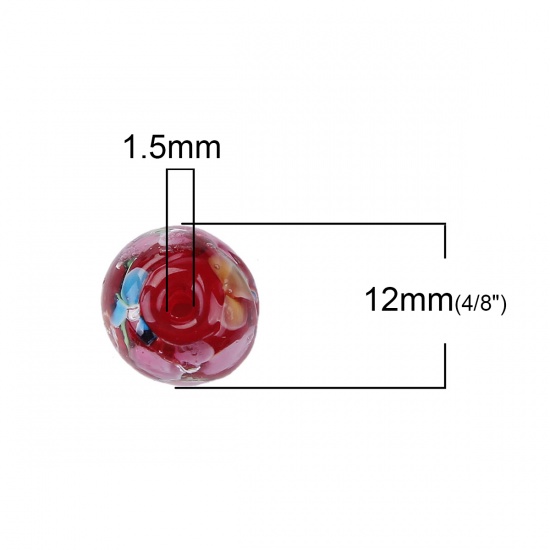 Picture of Lampwork Glass Japanese Style Beads Round Red Plum Flower About 12mm Dia, Hole: Approx 1.5mm, 5 PCs