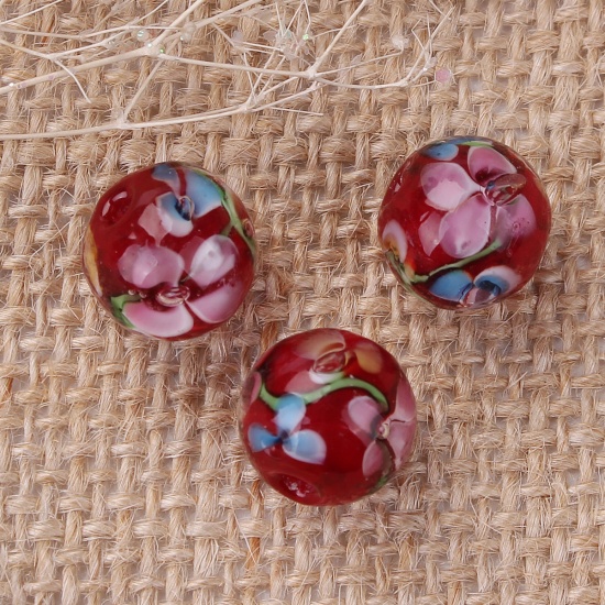 Picture of Lampwork Glass Japanese Style Beads Round Red Plum Flower About 12mm Dia, Hole: Approx 1.5mm, 5 PCs