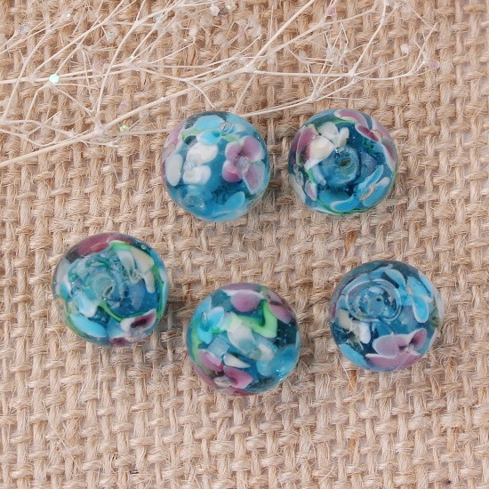 Picture of Lampwork Glass Japanese Style Beads Round Lake Blue Plum Flower About 12mm Dia, Hole: Approx 1.5mm, 5 PCs