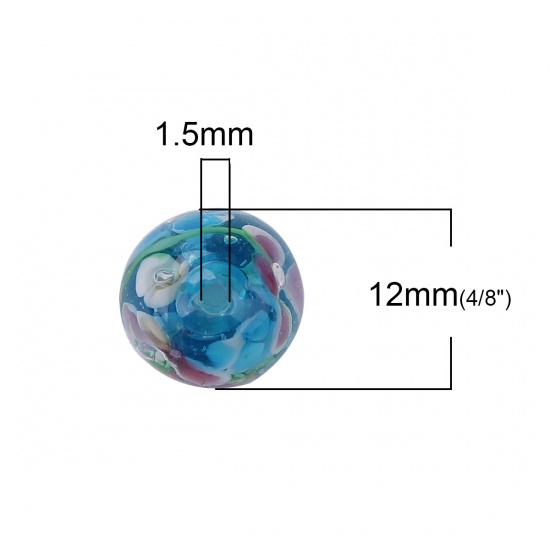 Picture of Lampwork Glass Japanese Style Beads Round Lake Blue Plum Flower About 12mm Dia, Hole: Approx 1.5mm, 5 PCs