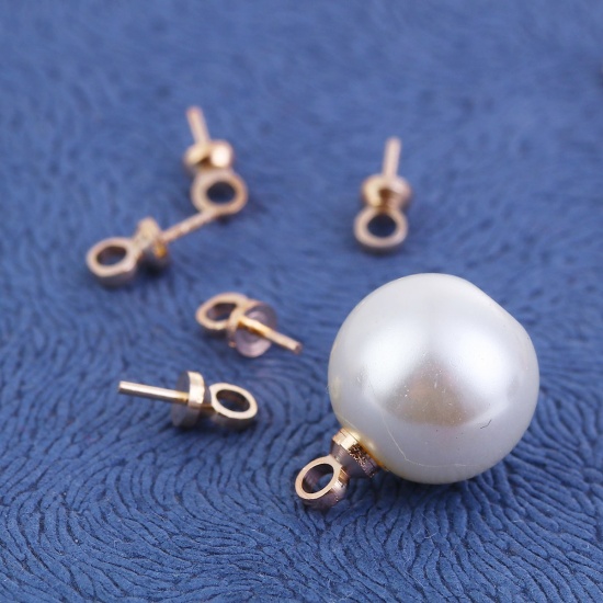 Picture of Brass Pearl Pendant Connector Bail Pin Cap Round Gold Plated 8mm( 3/8") x 4mm( 1/8"), Needle Thickness: 1mm, 100 PCs                                                                                                                                          