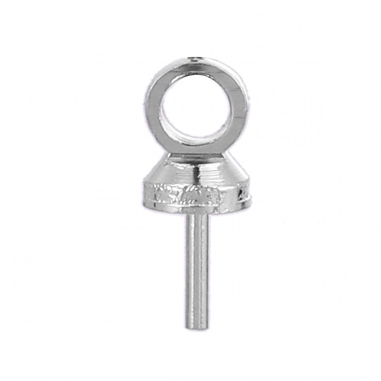 Picture of Brass Pearl Pendant Connector Bail Pin Cap Round Silver Tone 6mm( 2/8") x 3mm( 1/8"), Needle Thickness: 0.6mm, 200 PCs                                                                                                                                        