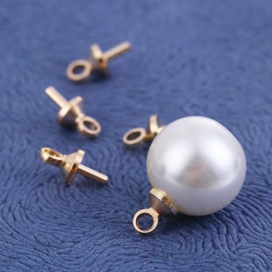Picture of Brass Pearl Pendant Connector Bail Pin Cap Round Gold Plated 7mm( 2/8") x 3mm( 1/8"), Needle Thickness: 0.6mm, 200 PCs                                                                                                                                        