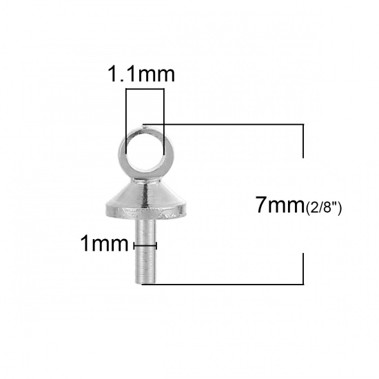 Picture of Brass Pearl Pendant Connector Bail Pin Cap Round Silver Tone 7mm( 2/8") x 4mm( 1/8"), Needle Thickness: 1mm, 100 PCs                                                                                                                                          