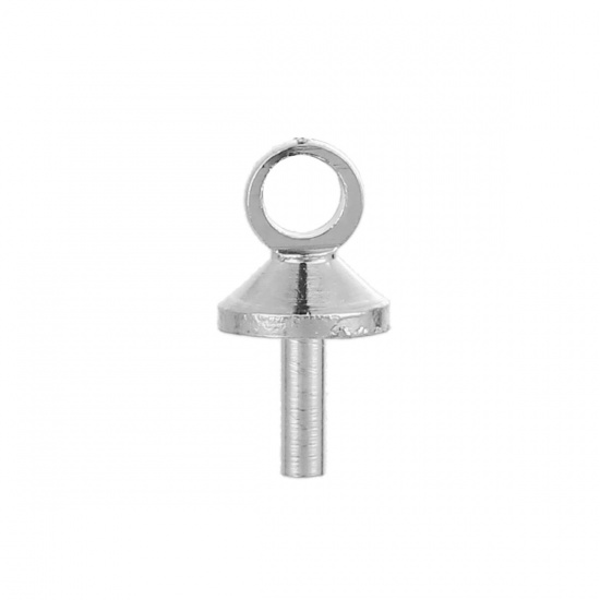 Picture of Brass Pearl Pendant Connector Bail Pin Cap Round Silver Tone 7mm( 2/8") x 4mm( 1/8"), Needle Thickness: 1mm, 100 PCs                                                                                                                                          