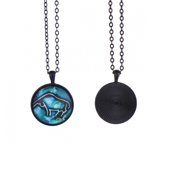 Picture of Glass Necklace Black Green Blue Round Taurus Sign Of Zodiac Constellations 51.5cm(20 2/8") long, 2 PCs