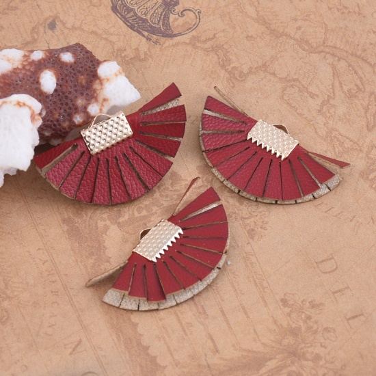 Picture of PU Leather Tassel Pendants Fan-shaped Gold Plated Wine Red About 35mm(1 3/8") x 20mm( 6/8"), 10 PCs