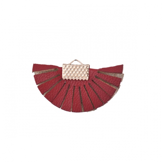 Picture of PU Leather Tassel Pendants Fan-shaped Gold Plated Wine Red About 35mm(1 3/8") x 20mm( 6/8"), 10 PCs