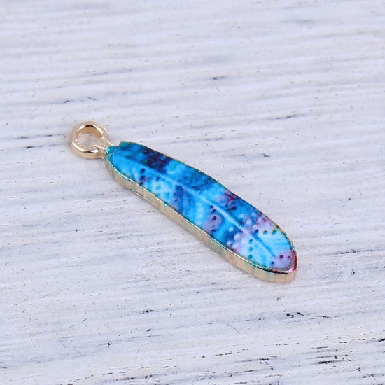 Picture of Zinc Based Alloy Charms Feather Gold Plated Blue Enamel 23mm( 7/8") x 5mm( 2/8"), 10 PCs