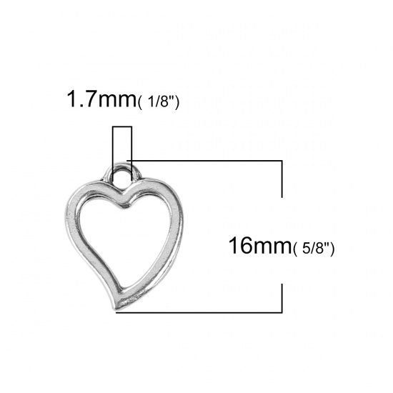 Picture of Zinc Based Alloy Charms Heart Antique Silver Color 16mm( 5/8") x 12mm( 4/8"), 20 PCs