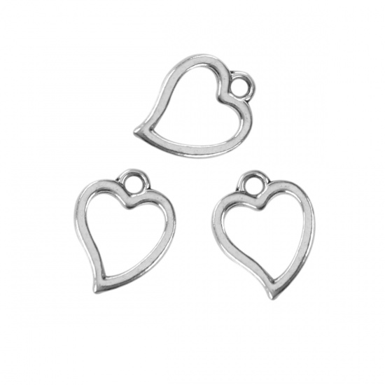 Picture of Zinc Based Alloy Charms Heart Antique Silver Color 16mm( 5/8") x 12mm( 4/8"), 20 PCs