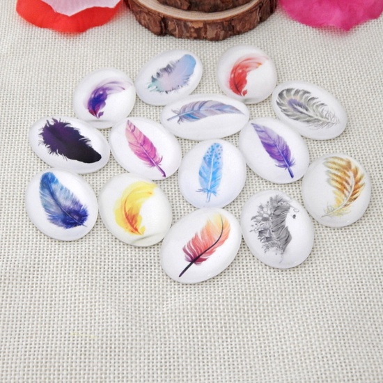 Picture of Glass Dome Seals Cabochon Oval Flatback At Random Feather 25mm(1") x 18mm( 6/8"), 10 PCs