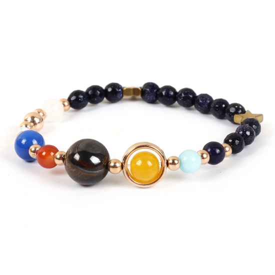Picture of Imitation Gemstone Solar System Planet Jewelry Bracelets Gold Plated Multicolor Round Pentagram Star Elastic 21cm(8 2/8")long, 1 Piece