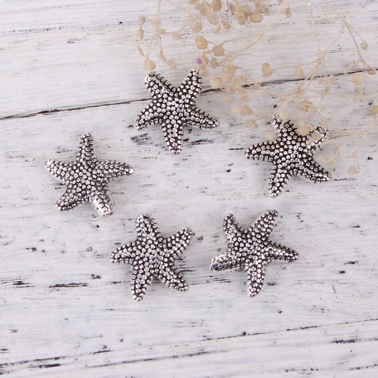 Picture of Zinc Based Alloy Spacer Beads Star Fish Antique Silver Color 14mm x 14mm, Hole: Approx 0.8mm, 50 PCs