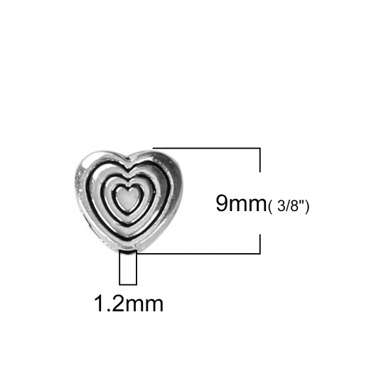 Изображение Цинковый Сплав Бусины Сердце Античное Серебро 9мм x 9мм, Отверстие:примерно 1.2мм, 100 ШТ