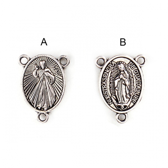 Immagine di Lega di Zinco Connettore Accessori Ovale Argento Antico Religione Disegno 20mm x 15mm, 50 Pz