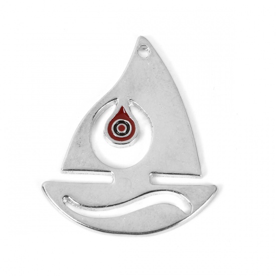 Picture of Zinc Based Alloy Pendants Sailing Boat Silver Tone Red Enamel 35mm(1 3/8") x 29mm(1 1/8"), 5 PCs