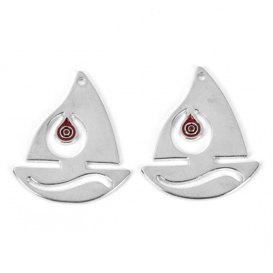Picture of Zinc Based Alloy Pendants Sailing Boat Silver Tone Red Enamel 35mm(1 3/8") x 29mm(1 1/8"), 5 PCs