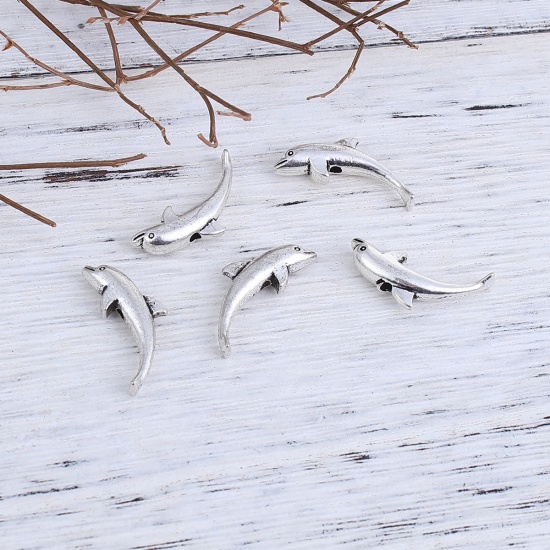 Picture of Zinc Based Alloy Ocean Jewelry Spacer Beads Dolphin Animal Antique Silver Color 23mm x 10mm, Hole: Approx 1.3mm, 50 PCs