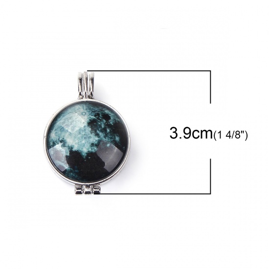 Picture of Zinc Based Alloy Glow In The Dark Aromatherapy Essential Oil Diffuser Locket Pendants Round Silver Tone Black Universe Planet Can Open (Fits 24mm Dia.) 39mm(1 4/8") x 27mm(1 1/8"), 1 Piece