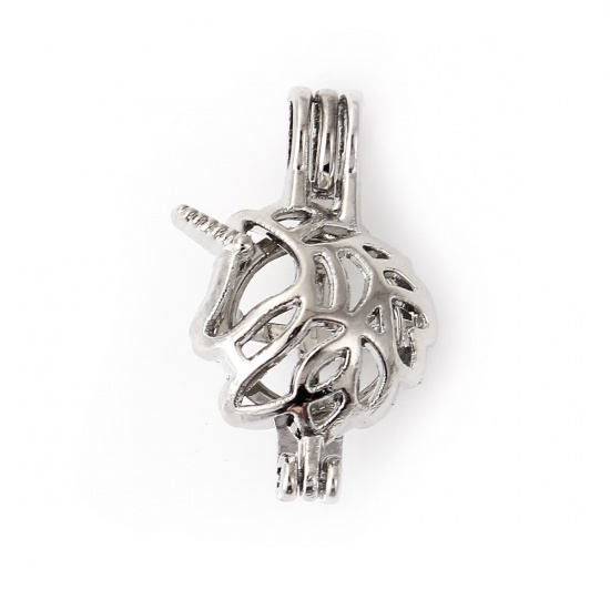 Bild von Zinklegierung Wunsch Perlenkäfig Schmuck Anhänger Pferd Silberfarbe Zum Öffnen (für 8mm Perlen） 26mm x 17mm, 2 Stück