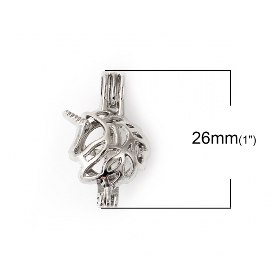 Bild von Zinklegierung Wunsch Perlenkäfig Schmuck Anhänger Pferd Silberfarbe Zum Öffnen (für 8mm Perlen） 26mm x 17mm, 2 Stück