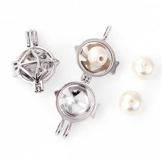 Bild von Zinklegierung Wunsch Perlenkäfig Schmuck Anhänger Pfeil und Bogen Silberfarbe Zum Öffnen (für 8mm Perlen） 27mm x 19mm, 2 Stück