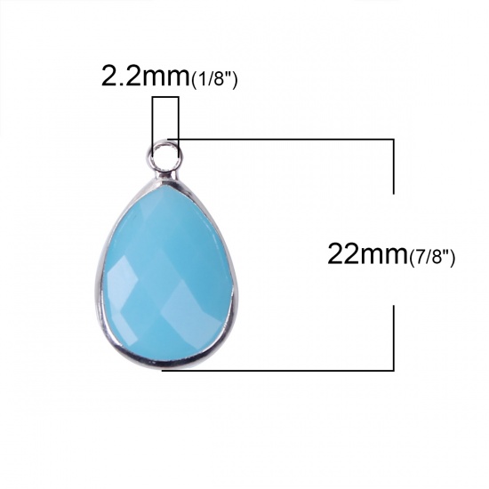 Picture of Zinc Based Alloy & Glass Charms Drop Skyblue Imitation Jade Faceted 22mm( 7/8") x 14mm( 4/8"), 5 PCs