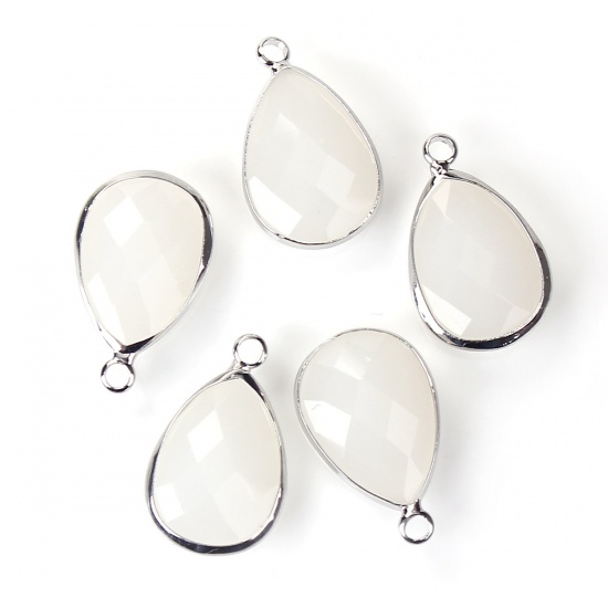 Picture of Zinc Based Alloy & Glass Charms Drop White Imitation Jade Faceted 22mm( 7/8") x 14mm( 4/8"), 5 PCs