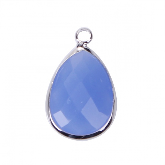 Picture of Zinc Based Alloy & Glass Charms Drop Deep Blue Imitation Jade Faceted 22mm( 7/8") x 14mm( 4/8"), 5 PCs