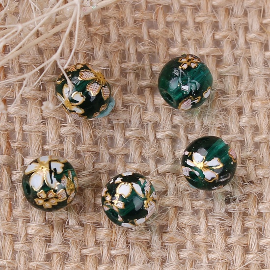 Picture of Glass Japan Painting Vintage Japanese Tensha Beads Ball Green Sakura Flower Pattern Transparent About 6mm Dia, Hole: Approx 1mm, 5 PCs