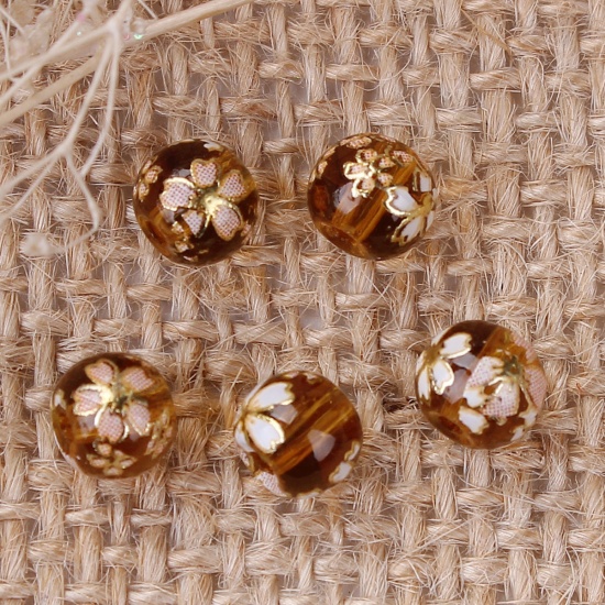 Picture of Glass Japan Painting Vintage Japanese Tensha Beads Ball Amber Sakura Flower Pattern Transparent About 6mm Dia, Hole: Approx 1mm, 5 PCs