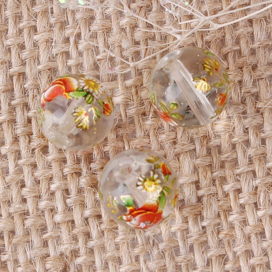 Picture of Glass Japan Painting Vintage Japanese Tensha Beads Ball Transparent Clear Rose Flower Pattern About 10mm Dia, Hole: Approx 1.2mm, 5 PCs