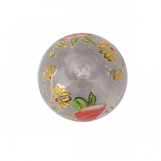Picture of Glass Japan Painting Vintage Japanese Tensha Beads Ball Transparent Clear Rose Flower Pattern About 10mm Dia, Hole: Approx 1.2mm, 5 PCs