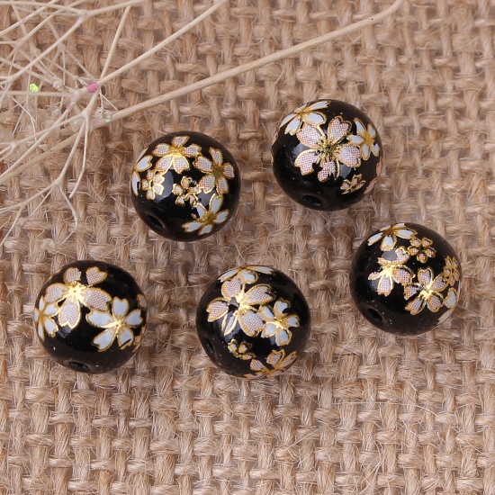 Picture of Glass Japan Painting Vintage Japanese Tensha Beads Ball Black Sakura Flower Pattern About 10mm Dia, Hole: Approx 1.2mm, 5 PCs