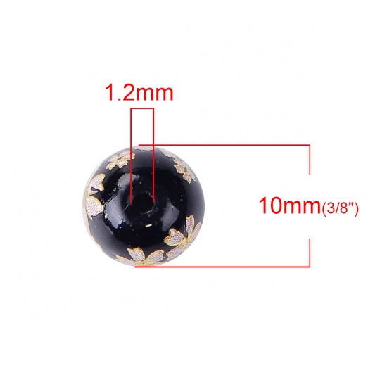 Picture of Glass Japan Painting Vintage Japanese Tensha Beads Ball Black Sakura Flower Pattern About 10mm Dia, Hole: Approx 1.2mm, 5 PCs