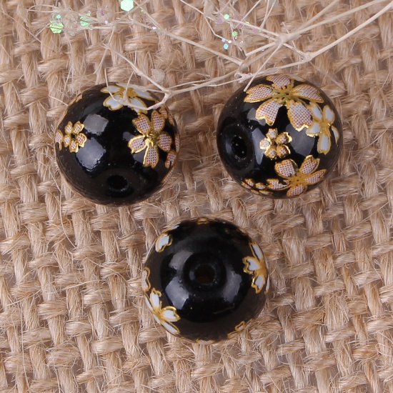 Image de Perles Peinture Japonaise Vintage Japonais Tensha en Verre Balle Noir Sakura 10mm Dia., Tailles de Trous: 1.2mm, 5 Pcs