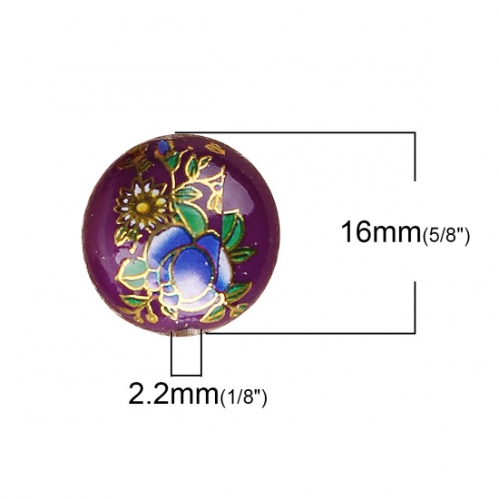 Picture of Resin Japan Painting Vintage Japanese Tensha Spacer Beads Flat Round Purple Rose Flower Pattern About 16mm Dia, Hole: Approx 2.2mm, 5 PCs