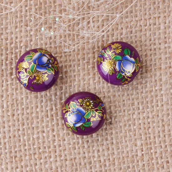 Picture of Resin Japan Painting Vintage Japanese Tensha Spacer Beads Flat Round Purple Rose Flower Pattern About 16mm Dia, Hole: Approx 2.2mm, 5 PCs